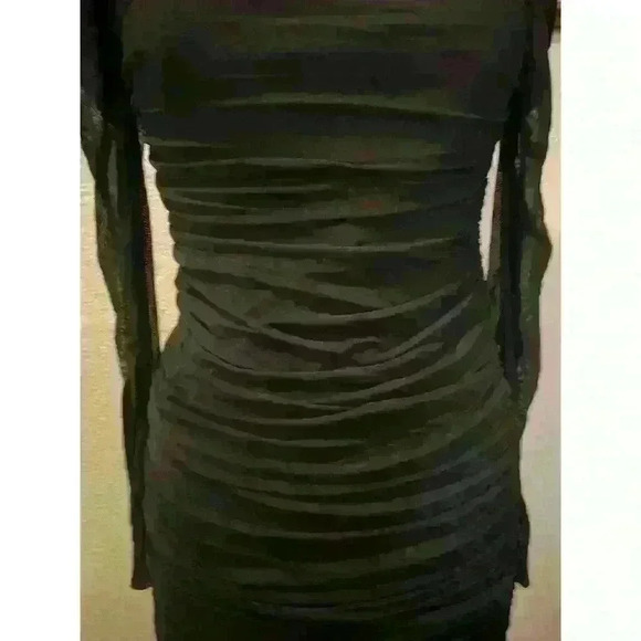 Wdirara Black Ruched Square Neck Long Sleeve Mini Dress NWT Size L - Picture 4 of 13